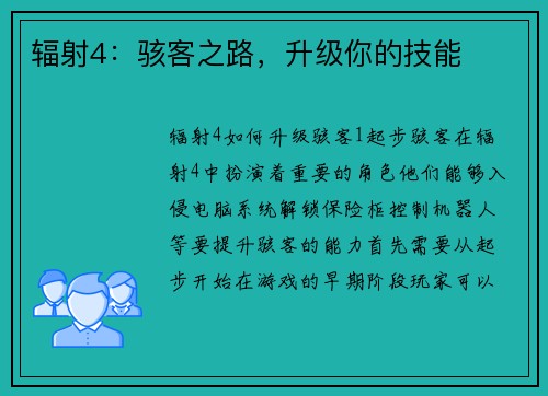 辐射4：骇客之路，升级你的技能