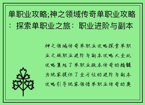 单职业攻略;神之领域传奇单职业攻略：探索单职业之旅：职业进阶与副本攻略大全